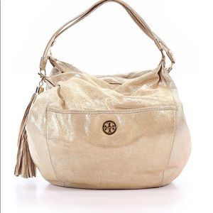 Tory Burch gold fabric large handbag